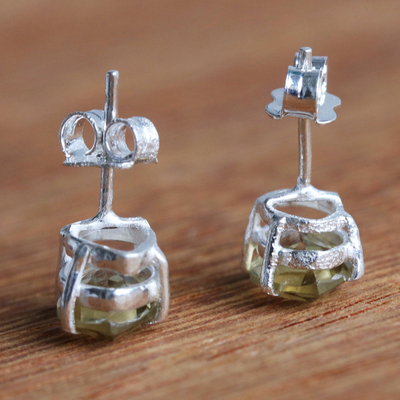Lemon quartz stud earrings, 'Glimpse of Spring' - Brazilian Handcrafted Marquise Lemon Quartz Stud Earrings
