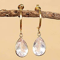 Gold plated quartz half-hoop earrings, 'Golden Prism' - Clear Quartz 18k Gold Plated Earrings