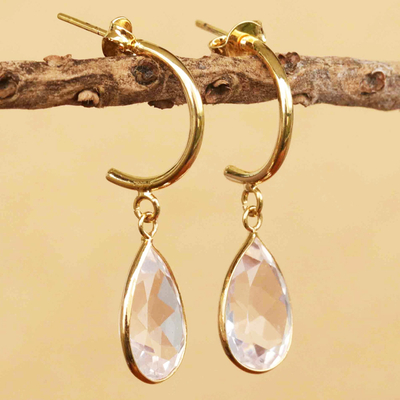 Gold plated quartz half-hoop earrings, 'Golden Prism' - Clear Quartz 18k Gold Plated Earrings