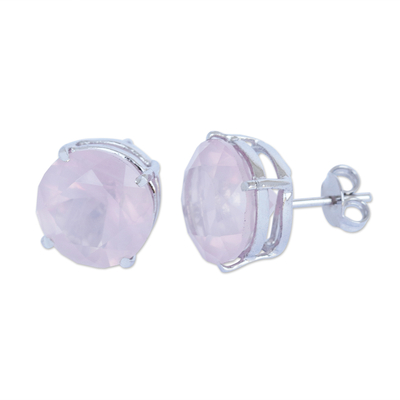 Rose quartz stud earrings, 'Dawn Clouds' - Brazilian Rose Quartz and Silver Stud Earrings