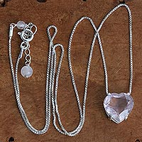 Rose quartz pendant necklace, 'Pink Valentine' - Rose Quartz Valentine Heart on Sterling Silver Chain