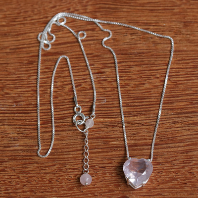 collar con colgante de cuarzo rosa - Corazón de San Valentín de cuarzo rosa en cadena de plata esterlina