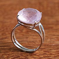 Rose quartz solitaire ring, 'Dawn Cloud' - Brazilian Rose Quartz and Silver Solitaire Ring