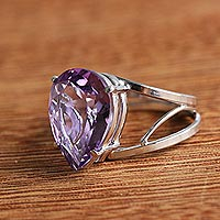 Amethyst solitaire ring, 'Crystalline Tears'
