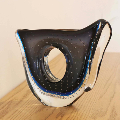 Art glass vase, 'Midnight Storm' - Black and Blue Asymmetrical Vase in Glass from Brazil