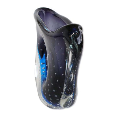 Kunstglasvase - Schwarze und blaue asymmetrische Vase aus Glas aus Brasilien