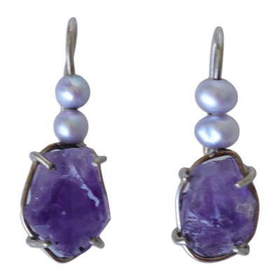 Amethyst and cultured pearl drop earrings, 'Lilac Nuances' - Brazilian Handmade Amethyst and Cultured Pearl Earrings