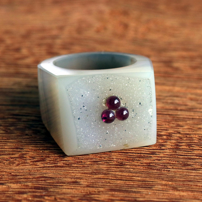 Drusy agate and garnet cocktail ring, 'Positive Outlook' - Grey Agate Ring with Garnets