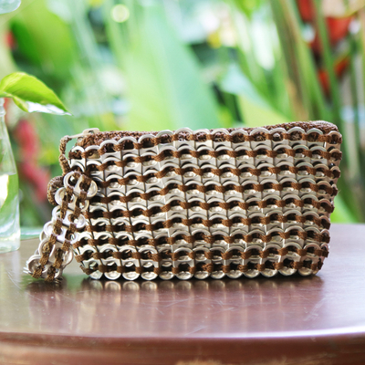 Soda pop-top wristlet bag, 'Earthen Brown' - Rich Brown and Metallic Upcycled Sod Pop Top Coin Purse