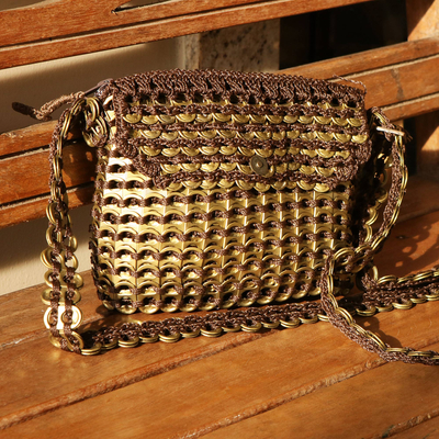 Soda pop-top shoulder bag, 'Golden Carnaval' - Brown Crochet Recycled Pop Top Golden Flap Shoulder Bag