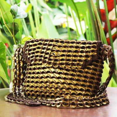 Soda pop-top shoulder bag, 'Golden Carnaval' - Brown Crochet Recycled Pop Top Golden Flap Shoulder Bag