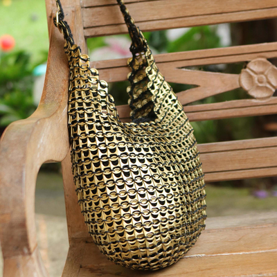 Recycled aluminium pop-top hobo handbag, 'Golden Companion' - Recycled Golden Pop-Top Hobo Handbag from Brazil