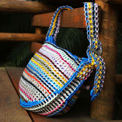 Soda pop-top shoulder bag, 'Blue Rainbow Wishes' - Eco Friendly Recycled Pop-top Crochet Shoulder Bag