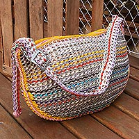Bolso de hombro pop-top Soda, 'Yellow Rainbow Wishes' - Eco Friendly Recycled Pop-top Striped Crochet Shoulder Bag