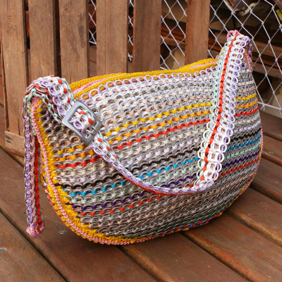 Soda pop-top shoulder bag, 'Yellow Rainbow Wishes' - Eco Friendly Recycled Pop-top Striped Crochet Shoulder Bag