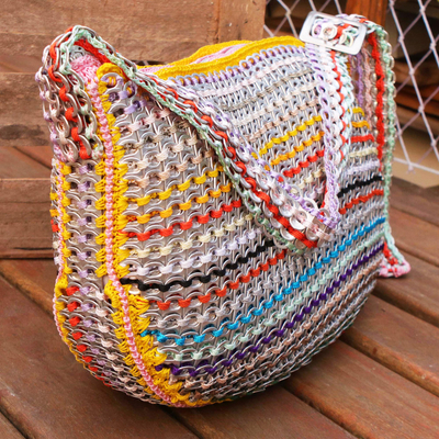 Soda pop-top shoulder bag, 'Yellow Rainbow Wishes' - Eco Friendly Recycled Pop-top Striped Crochet Shoulder Bag