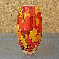 Jarrón de vidrio de arte soplado a mano, 'Colores del fuego' - Jarrón de vidrio inspirado en Murano único en amarillos y naranjas