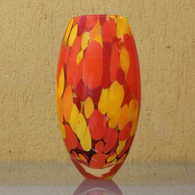 Handblown art glass vase, 'Colors of Fire' - Unique Murano Inspired Glass Vase In Yellows and Orange
