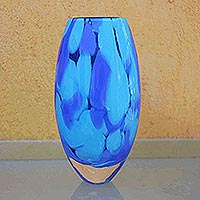 Jarrón de cristal artístico soplado a mano, 'Colors of the Sky' - Jarrón de cristal único inspirado en Murano en tonos azules