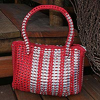 Recycled soda pop-top handbag, 'Chic Red traveller' - Eco Friendly Hand Crocheted Red Handbag with Soda Pop Tops