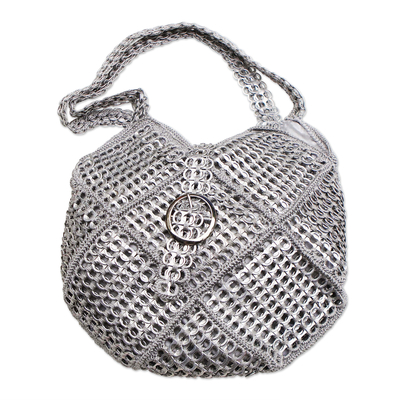 Soda pop-top shoulder bag, 'Silvery Patchwork' - Recycled Pop-top Shoulder Bag 'Silvery Patchwork' Brazil