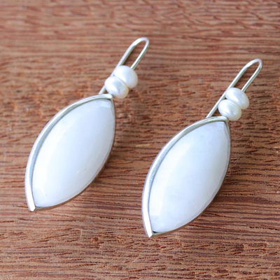 Agate and cultured pearl drop earrings, 'White Heat' - Artisan Crafted Cultured Pearl and Agate Earrings