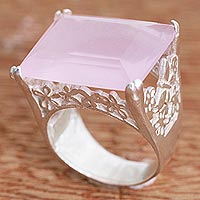 Rose quartz cocktail ring, 'Garden of Butterflies' - Sterling Silver and Rose Quartz Ring from Brazil