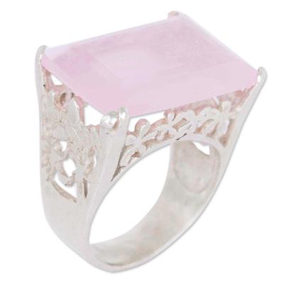 Rose quartz cocktail ring, 'Garden of Butterflies' - Sterling Silver and Rose Quartz Ring from Brazil