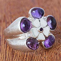 Amethyst cocktail ring, 'Flower of Rio' - Floral Sterling Silver Ring with Amethysts