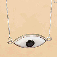 Agate and onyx pendant necklace, 'Seeing You' - White Agate and Black Onyx Eye Pendant Necklace in Silver
