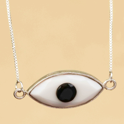 Agate and onyx pendant necklace, 'Seeing You' - White Agate and Black Onyx Eye Pendant Necklace in Silver