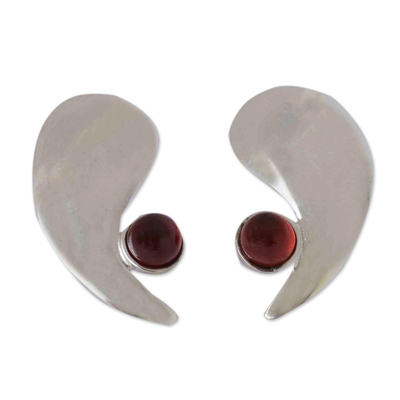 Garnet button earrings, 'Abstract Eye' - Sterling Silver Post Earrings in Eye Form with Garnets