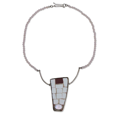 Rose quartz and ceramic pendant necklace, 'Reconnected' - Rose Quartz Mosaic Pendant Necklace with a Cultured Pearl