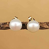 Cultured pearl stud earrings, 'Timeless Classic'