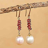 Garnet and cultured pearl gold dangle earrings, 'Riviera' - 14k Gold Earrings with Garnet and Cultured Pearl