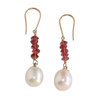Garnet and cultured pearl gold dangle earrings, 'Riviera' - 14k Gold Earrings with Garnet and Cultured Pearl