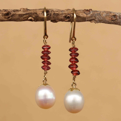 Garnet and cultured pearl gold dangle earrings, 'Riviera' - 18k Gold Earrings with Garnet and Cultured Pearl