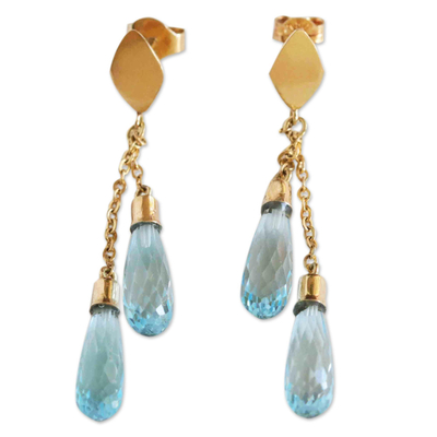 Gold and blue topaz dangle earrings, 'Iguazu Falls' - 14k Gold Blue Topaz Earrings from Brazil