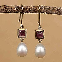 Ruby and cultured pearl dangle earrings, 'Precious Treasure'