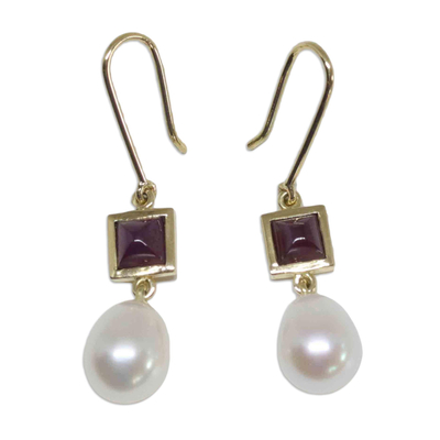 18k Gold Earrings with Ruby and Cultured Pearl