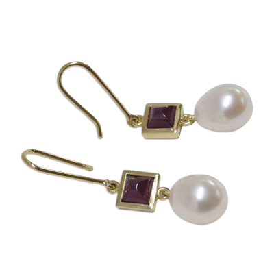 Ruby and cultured pearl dangle earrings, 'Precious Treasure' - 14k Gold Earrings with Ruby and Cultured Pearl