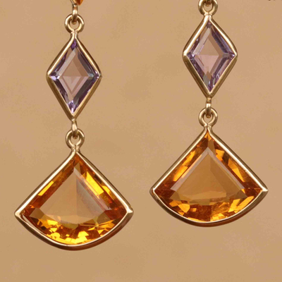 Ohrhänger aus Citrin und Amethyst - Ohrringe aus 14-karätigem Gold mit 12 Karat Amethyst und Citrin