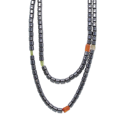 Hematite long beaded necklace, 'Inflection Point' - Long Beaded Gemstone Necklace from Brazil
