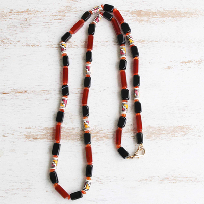 Carnelian and agate beaded necklace, 'Brazilian Bonfire' - Long Beaded Gem and Ceramic Necklace