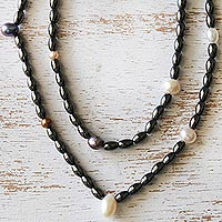 Hematite and cultured pearl long beaded necklace, 'Grace Note'
