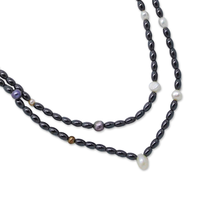 Collar largo de perlas cultivadas y hematites - Collar artesanal de hematites y perlas cultivadas