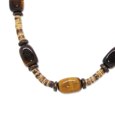 Tiger's eye beaded necklace, 'Earth Goddess' - Coconut Shell and Tiger's Eye Necklace