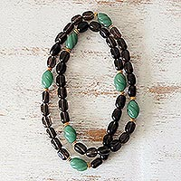Gold accented smoky quartz beaded necklace, 'Cool Curves' - Green and Smoky Quartz Necklace