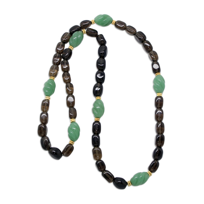Halskette aus Rauchquarzperlen mit Goldakzent - Grüne und rauchige Quarzkette