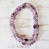 Gold accented amethyst long beaded necklace, 'Lavender Hues' - Long Amethyst Necklace from Brazil